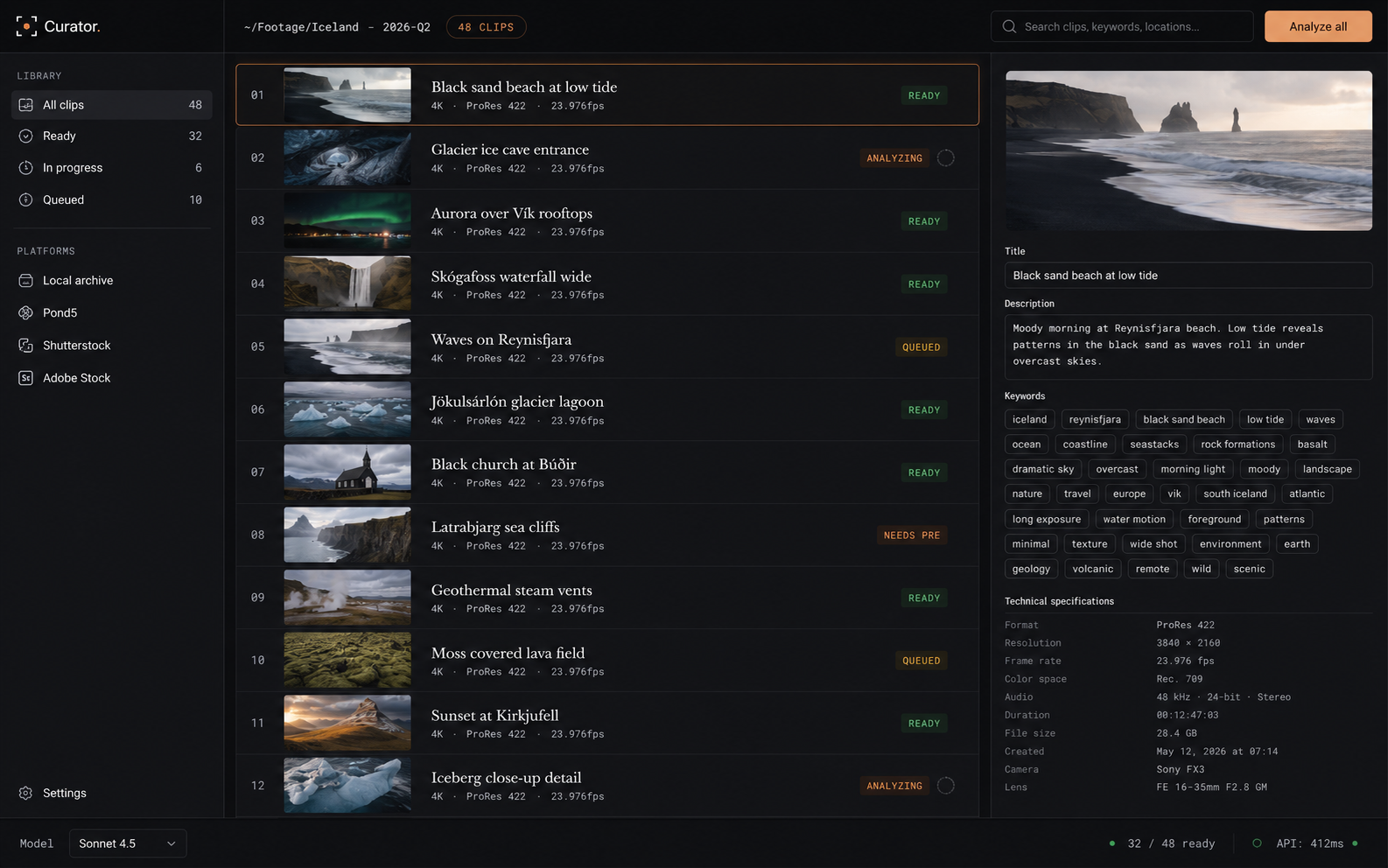 Curator app interface showing an Iceland footage library with clip metadata, keywords and technical specifications