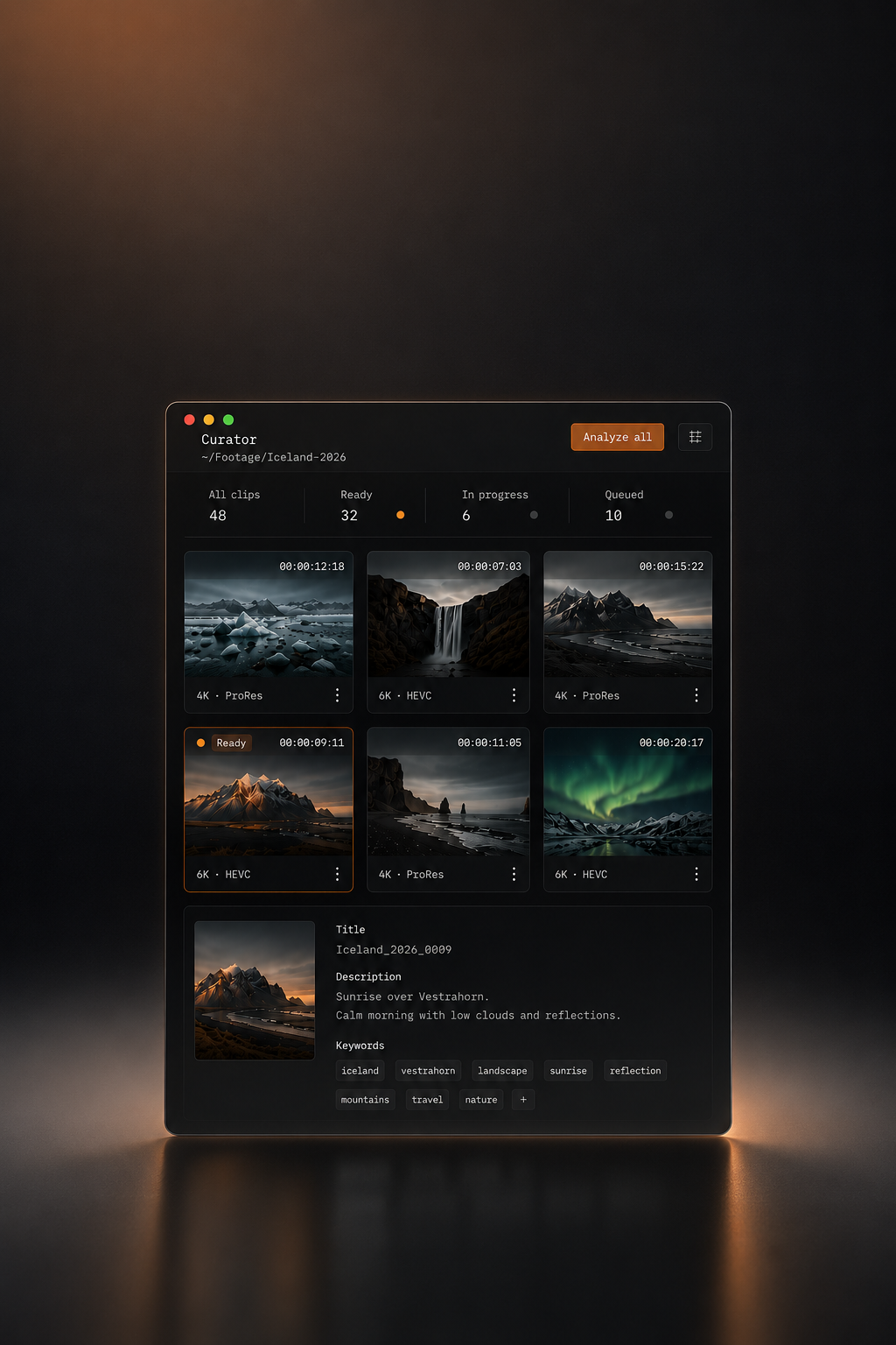 Curator app for Mac shown on a tablet, organising stock footage metadata